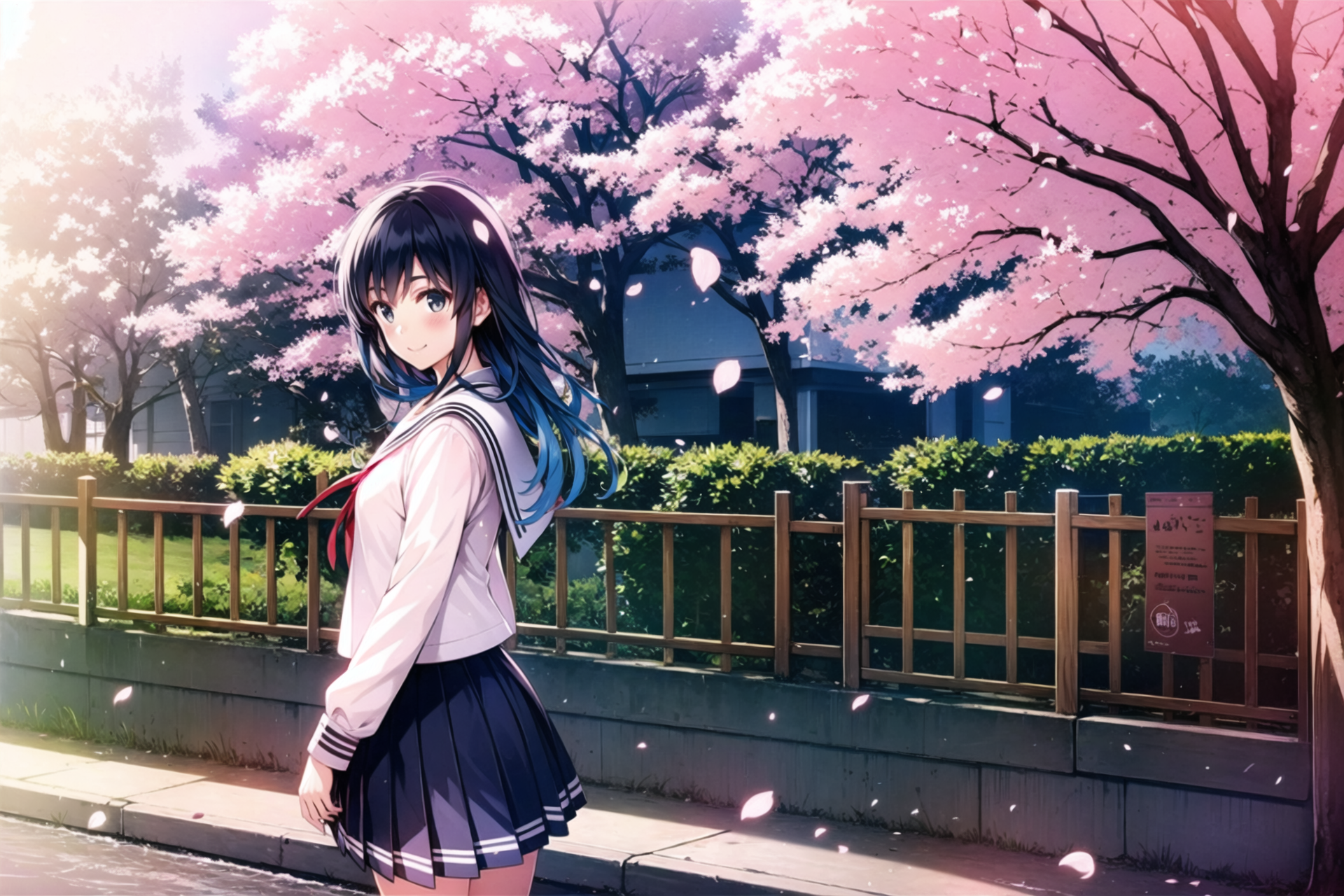 03530-33744674-MisakiKurehito,1girl, solo, cherry blossoms, school uniform,  outdoors, tree, serafuku, skirt, railing, long hair, looking at vi.png